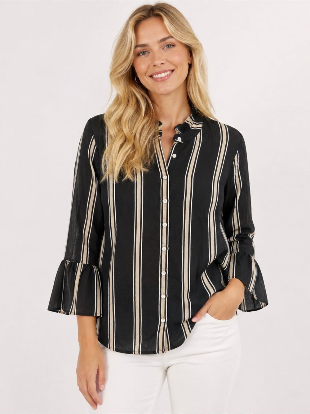 Calvin Klein Womens Black & White Striped Button Up Shirt Bell Sleeve Size Large